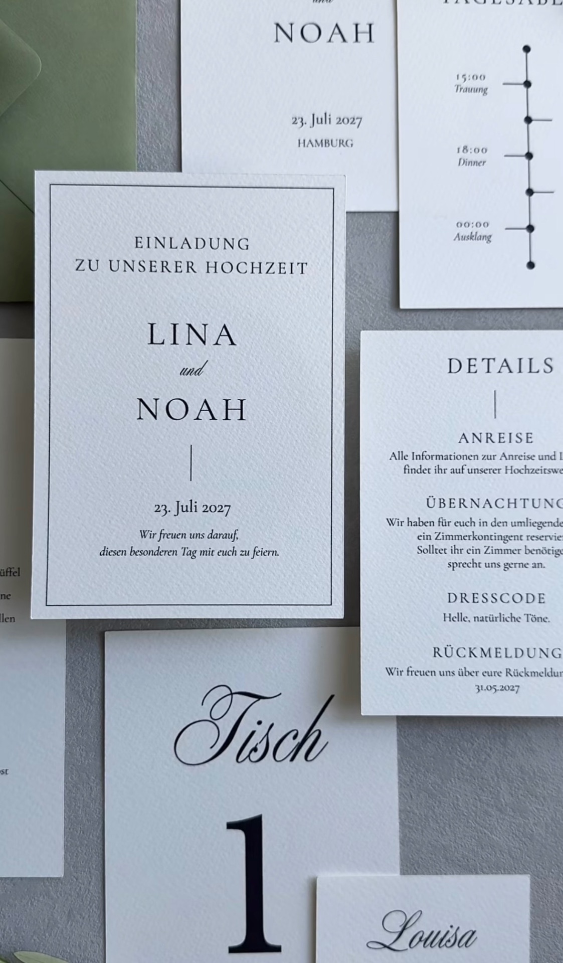Complete wedding stationery suite in ivory and sage